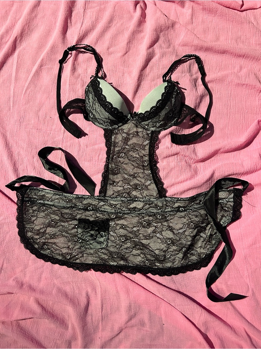‘Elegance’ Grey and Black Lace Lingerie Top with Ribbon Ties and Open Back Skirt
